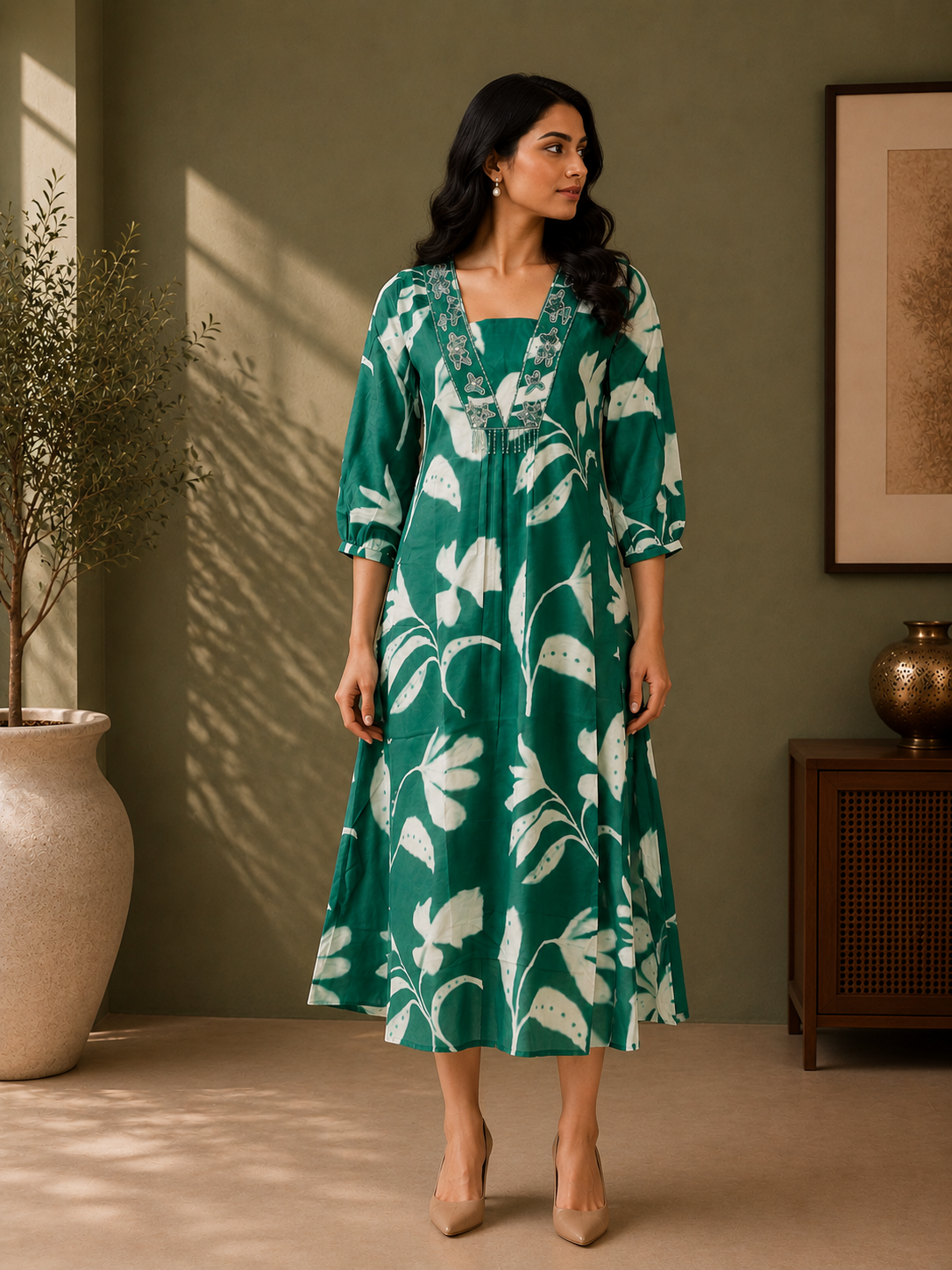 Green Muslin Silk Floral Printed A-Line Dress for Women